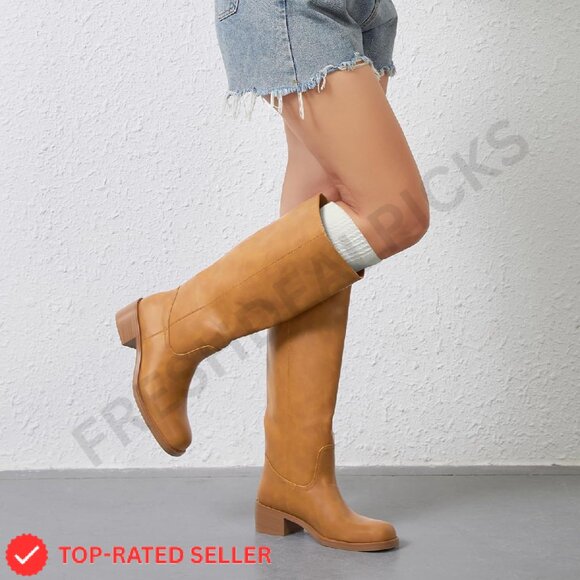 Brand New Gothictor Boots Tan Knee High Square Toe - Picture 3 of 8